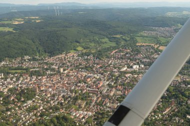 Lahr, Germany, July 9, 2022 Flight over the city center with a little plane