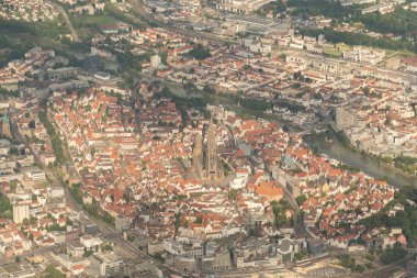 Ulm, Germany, July 9, 2022 City and the historic Church seen from a small plane