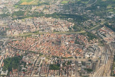 Ulm, Germany, July 9, 2022 City and the historic Church seen from a small plane