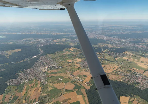 Karlsruhe, Germany, July 8, 2022 City center seen during a flight in a small plane