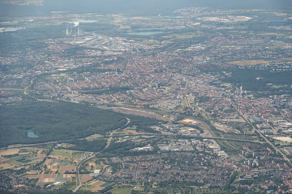 Karlsruhe, Germany, July 8, 2022 City center seen during a flight in a small plane