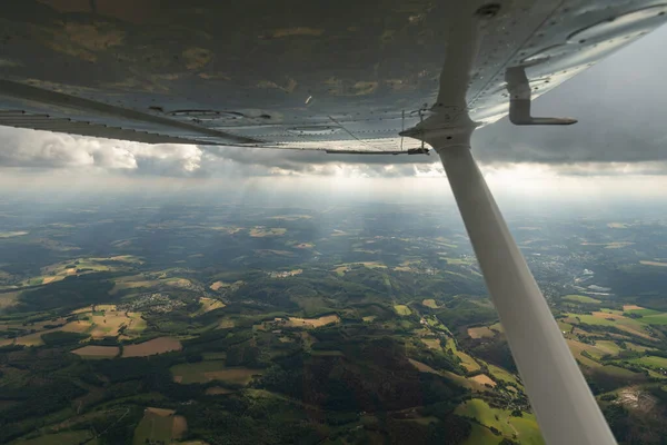Rhineland Palatinate, Germany, July 8, 2022 Flight over a rural area on a sunny day