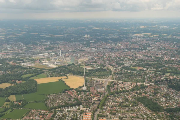 Muenster, Northrhine Westphalia, Germany, July 9, 2022 View over the city from a small plane