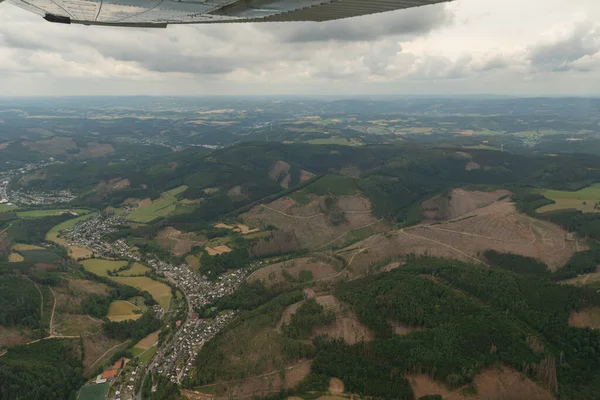 Northrhine Westphalia, Germany, July 9, 2022 Flight over some farming fields with a small plane