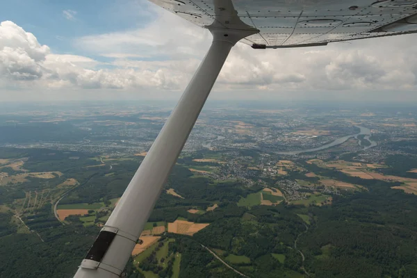 Rhineland Palatinate, Germany, July 9, 2022 View over the area of Koblenz from a small plane