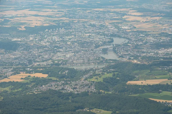 Rhineland Palatinate, Germany, July 9, 2022 View over the area of Koblenz from a small plane