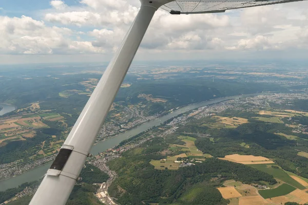 Braubach, Rhineland Palatinate, Germany, July 9, 2022 Flight overhead the rhine river with a small plane