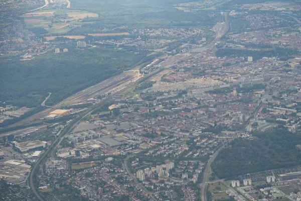 Karlsruhe, Germany, July 9, 2022 Flight abeam the city center in a small plane
