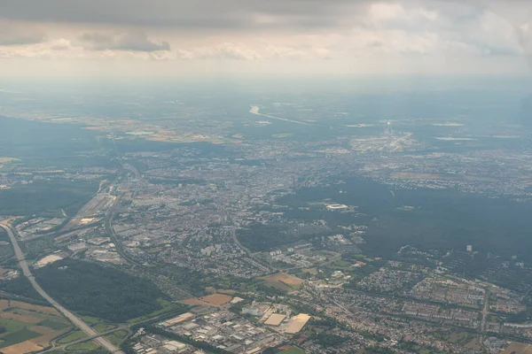 Karlsruhe, Germany, July 9, 2022 Flight abeam the city center in a small plane