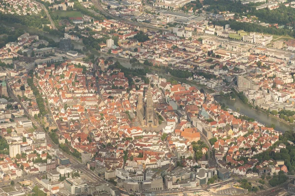 Ulm, Germany, July 9, 2022 City and the historic Church seen from a small plane