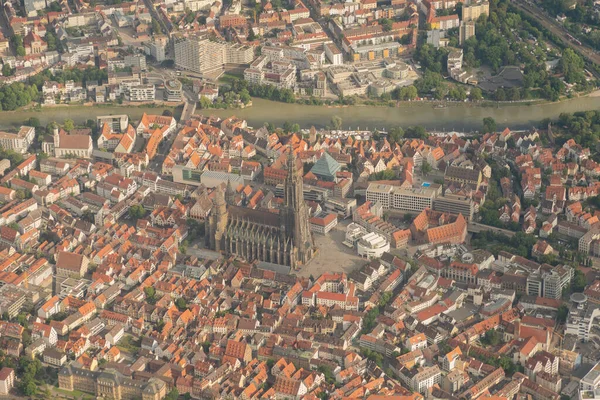 Ulm, Germany, July 9, 2022 City and the historic Church seen from a small plane