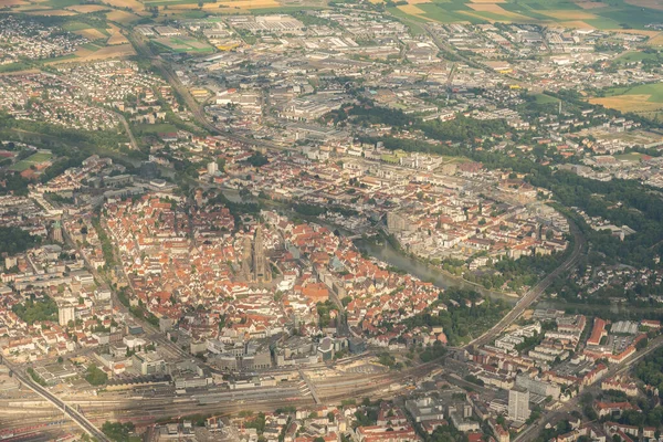 Ulm, Germany, July 9, 2022 City and the historic Church seen from a small plane