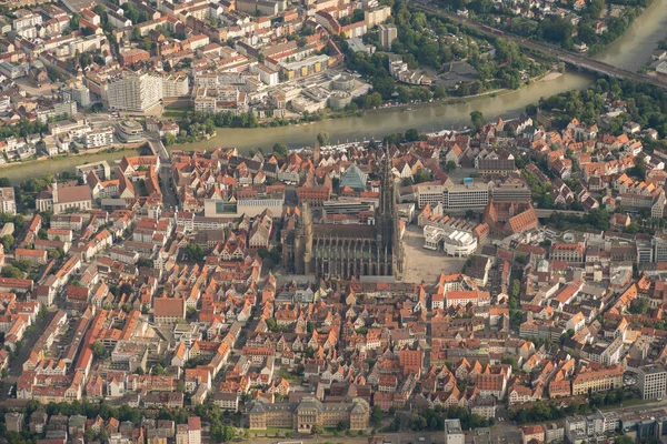 Ulm, Germany, July 9, 2022 City and the historic Church seen from a small plane