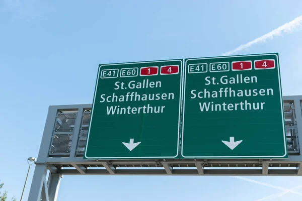 Switzerland May 2022 Sign Highway Shows Way Different Cities — Zdjęcie stockowe