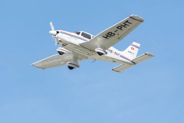 Saint Gallen, Altenrhein, Switzerland, April 18, 2022 Piper PA28-181 Archer II propeller plane is taking off from runway 28