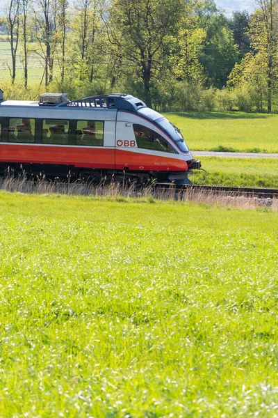 Nendeln, Liechtenstein, April 28, 2022 Local austrian train is passing over a green meadow on a sunny day