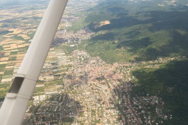 Heidelberg, Germany, July 10, 2022 Flight over the city center with a small airplane