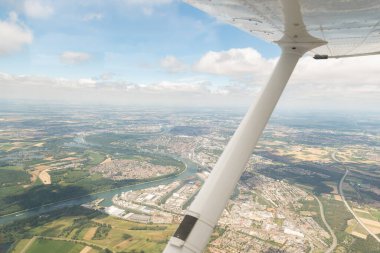 Mannheim, Germany, July 10, 2022 Flight over the city center with a small plane