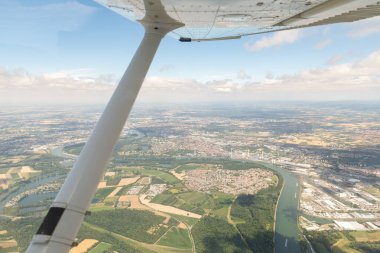 Mannheim, Germany, July 10, 2022 Flight over the city center with a small plane