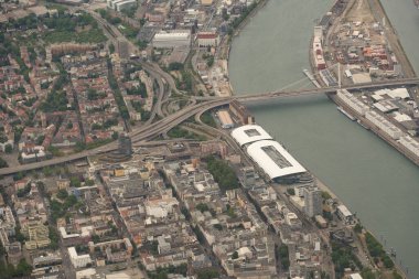Ludwigshafen, Rhineland Palatinate, Germany, July 10, 2022 Flight overhead the city center with a small plane