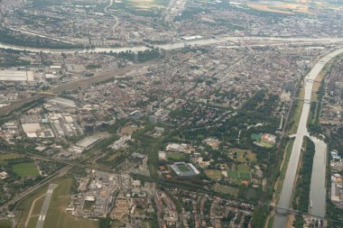 Mannheim, Rhineland Palatinate, Germany, July 10, 2022 Flight overhead the city center with a small plane