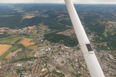 Sonneberg, Thuringia, Germany, July 10, 2022 Flight over the city in a small plane