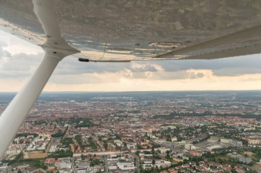 Nuremberg, Bavaria, Germany, July 9, 2022 Flight over the city with a small plane