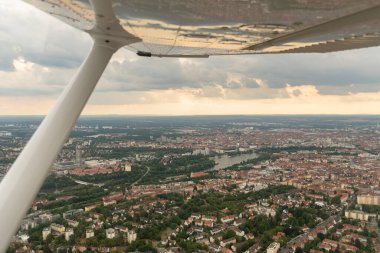 Nuremberg, Bavaria, Germany, July 9, 2022 Flight over the city with a small plane