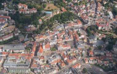 Doebeln, Saxony, Germany, July 11, 2022 View over the city center from a small plane