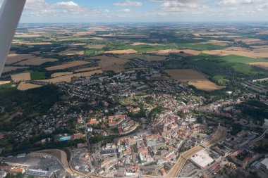 Doebeln, Saxony, Germany, July 11, 2022 View over the city center from a small plane
