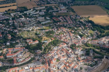 Doebeln, Saxony, Germany, July 11, 2022 View over the city center from a small plane