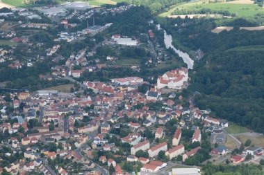 Colditz, Saxony, Germany, July 11, 2022 Flight over the city center in a small airplane