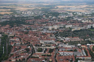 Erfurt, Thuringia, Germany, July 11, 2022 Flight overhead the city center in a small airplane