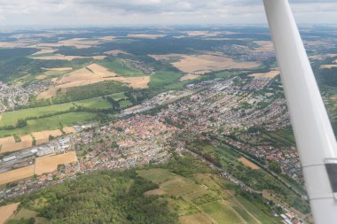 Lauda, Baden Wurttemberg, Germany, July 11, 2022 View over the city center from a small plane