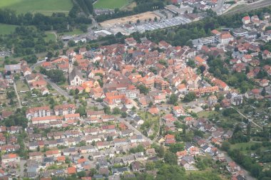 Lauda, Baden Wurttemberg, Germany, July 11, 2022 View over the city center from a small plane