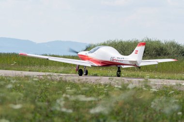 Wangen-Lachen, Switzerland, July 31, 2022 Little propeller plane has just landed on a small airfield