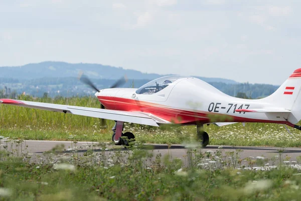 Wangen-Lachen, Switzerland, July 31, 2022 Little propeller plane has just landed on a small airfield