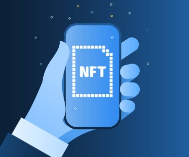 Mavi arkaplandaki telefonun ekranında NFT 'nin karşılanamaz jetonlu metni var. Eşsiz koleksiyonlar için oyunlar ya da sanatla ödeme yapın. Pankart ya da haber için. Vektör illüstrasyonu.
