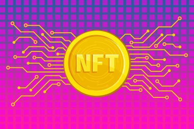 NFT 'nin altın madeni para üzerindeki parası ödenemez jetonlu metni. Eşsiz koleksiyonlar için oyunlar ya da sanatla ödeme yapın. Pankart ya da haber için. Vektör illüstrasyonu.