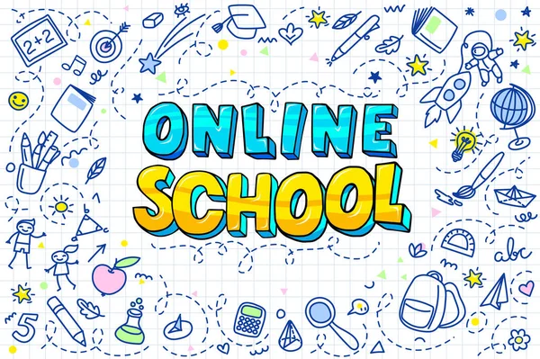 Концепция Онлайн Школьного Образования Онлайн Школа Стиле Поп Арт Белом — стоковый вектор