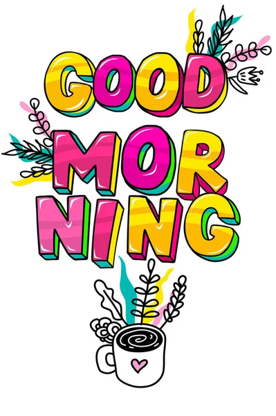 Good Morning Lettering Letters Comic Style Cup Coffee Vector Illustration — Stock Vector
