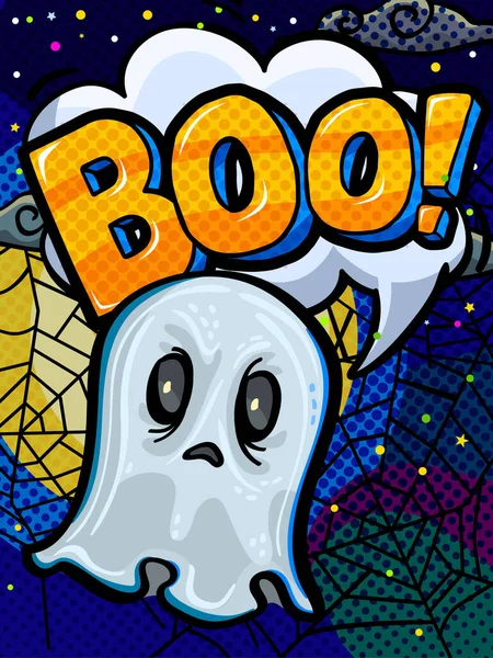 Halloween Decoração Fantasma Fantasma Desenho Animado Branco Com Letras Boo — Vetor de Stock