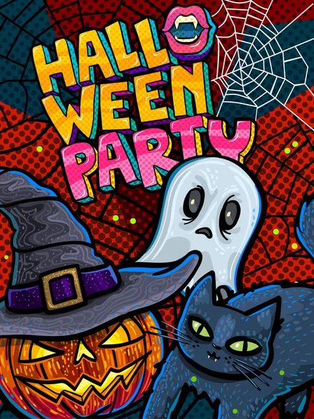Illustration Halloween Halloween Party Schriftzug Mit Schwarzer Katze Geist Und — Stockvektor