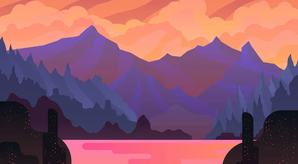 Paisaje Atardecer Con Enormes Montañas Rojas Lago Concepto Viaje Ilustración — Vector de stock