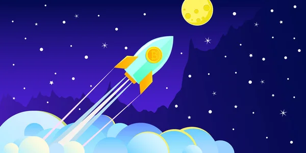 Konzept Der Kryptowährung Rakete Fliegt Mit Bitcoin Symbol Zum Mond — Stockvektor