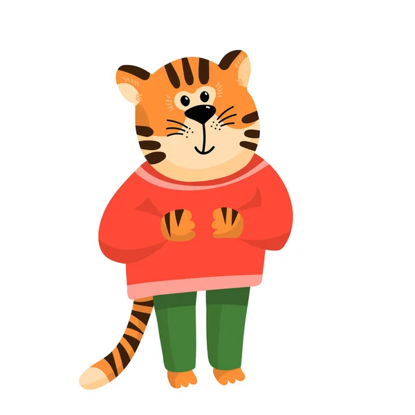 Cartoon Funny Tiger Red Sweater White Background Tiger Symbol 2022 — Stock Vector