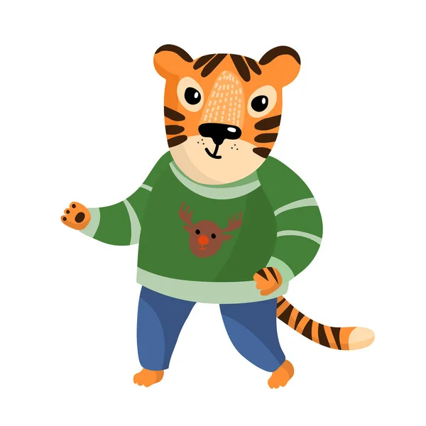 Cartoon Funny Tiger Green Sweater White Background Tiger Symbol 2022 — Stock Vector