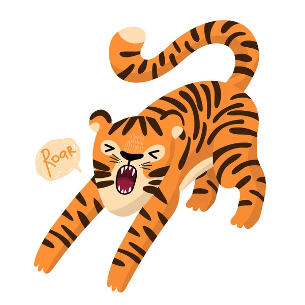 Cartoon Funny Roar Tygrys Białym Tle Tygrys Jest Symbolem Nowego — Wektor stockowy