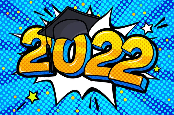 2022年卒業級の概念 青の背景にポップアートスタイルで卒業キャップ数 ベクターイラスト — ストックベクタ