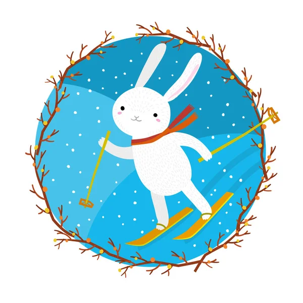 Ilustración Vacaciones Con Lindo Conejo Blanco Esquiando Tarjeta Navidad Con — Vector de stock